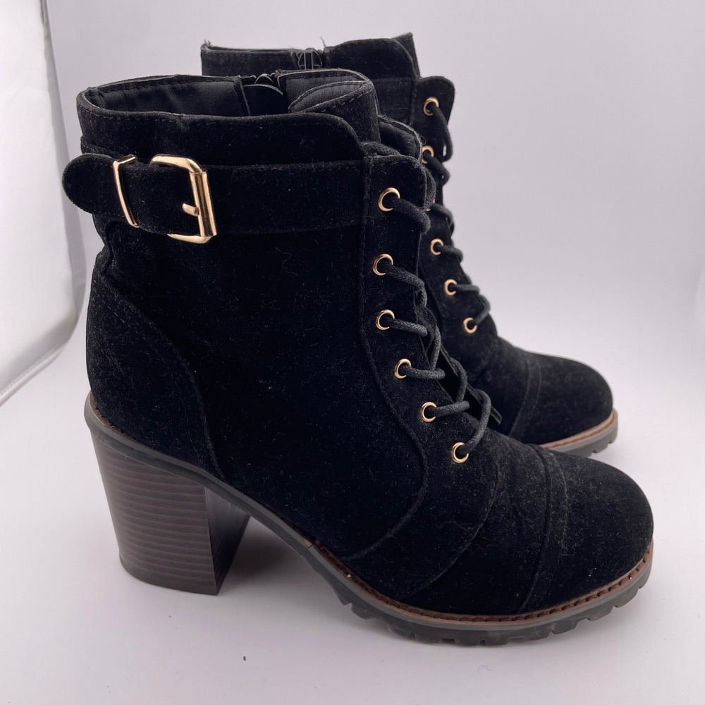 Hippie Laundry‎ Cleo Chunky Black Lace Up Ankle Boots Gold Accents Women Size 9M